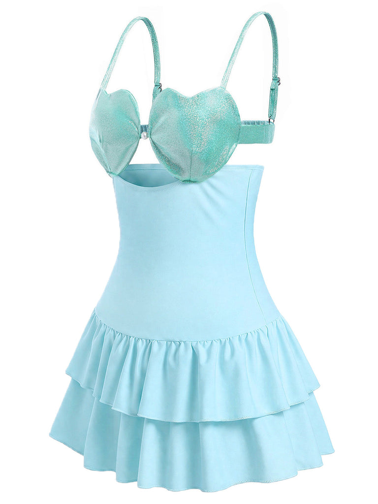 [Prévente] Maillot de Bain à Jupe Ajouré Cœur Bleu Clair années 40 3