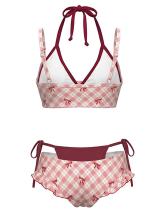 [Prévente] Ensemble bikini double épaisseur à carreaux rouges nœud et dos nu années 50