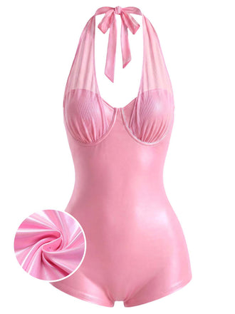 [Prévente] Maillot de Bain Rose Y2K Shiny en Filet Halter Patchwork Pêche
