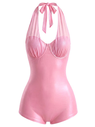 [Prévente] Maillot de Bain Rose Y2K Shiny en Filet Halter Patchwork Pêche 2