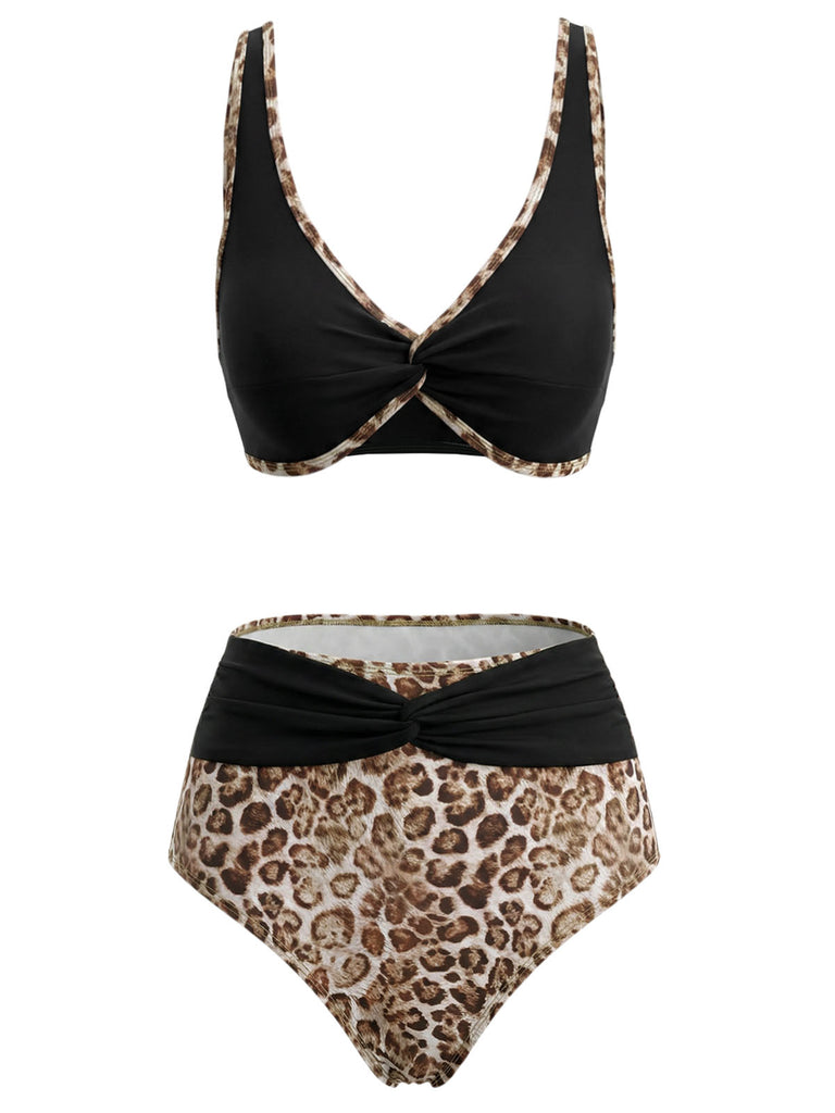 [Prévente] Ensemble Bikini Torsadé Devant Imprimé Léopard Noir années 30 2