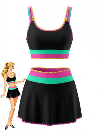 3PCS Contraste de Couleur Zigzag Bordure Ensemble Tankini & Cache-Maillot Années 1950