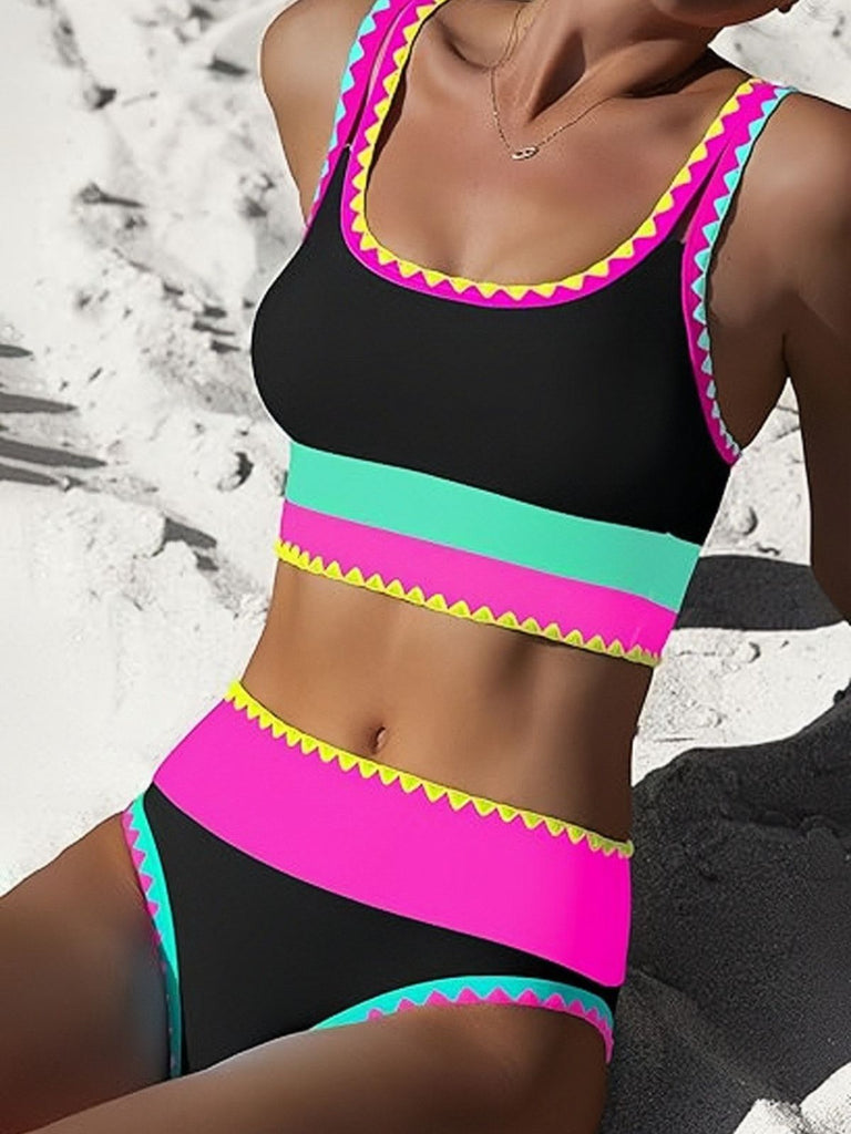 3PCS Contraste de Couleur Zigzag Bordure Ensemble Tankini & Cache-Maillot Années 1950 4