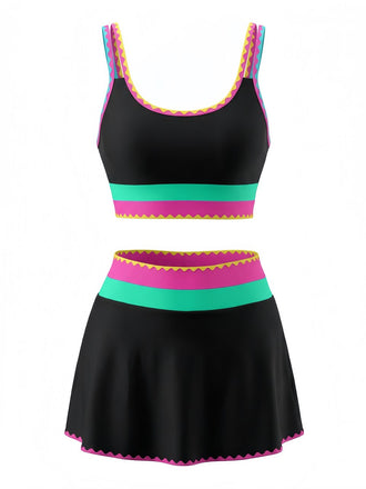 3PCS Contraste de Couleur Zigzag Bordure Ensemble Tankini & Cache-Maillot Années 1950 2