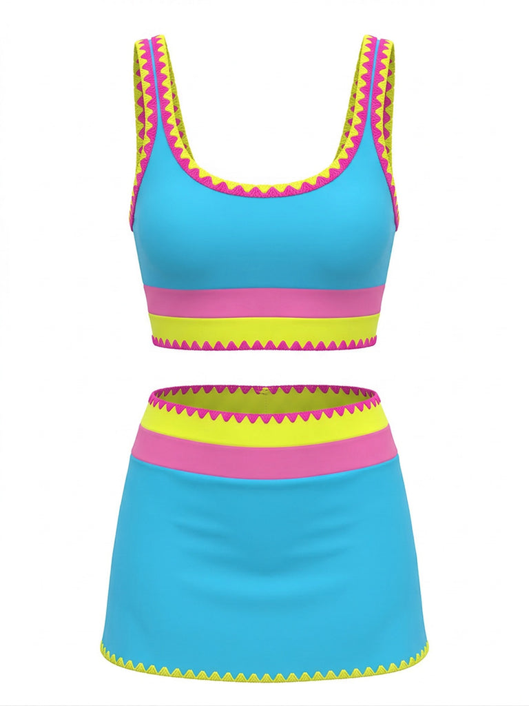 3PCS Ensemble tankini et paréo bordure zigzag contrastée années 1950