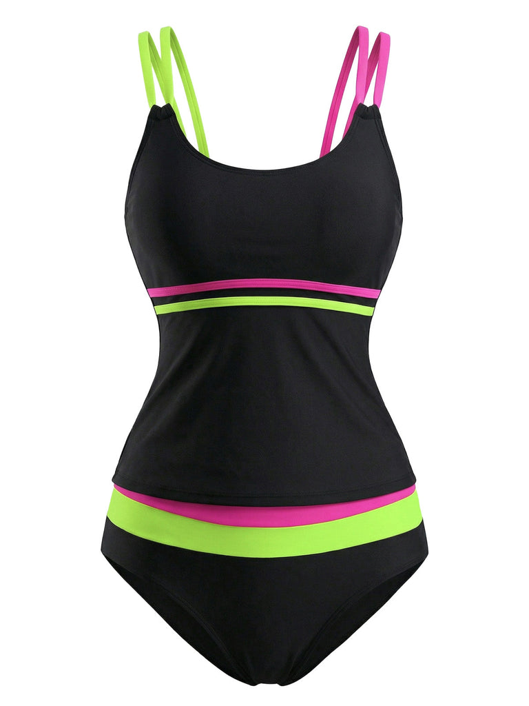 Ensemble Tankini Double Bretelles Colorblock Néon Noir années 40 2