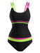 Ensemble Tankini Double Bretelles Colorblock Néon Noir années 40 2