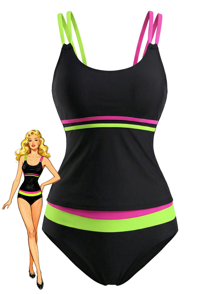 Ensemble Tankini Double Bretelles Colorblock Néon Noir années 40