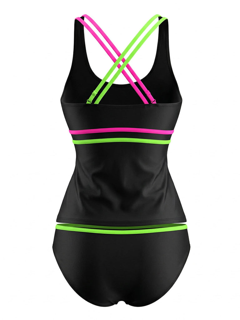 Ensemble Tankini Double Bretelles Colorblock Néon Noir années 40 4
