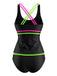 Ensemble Tankini Double Bretelles Colorblock Néon Noir années 40 4