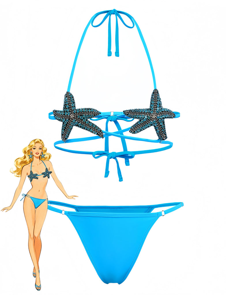 Bleu Halter Étoile de Mer Ensemble Bikini Années 1980