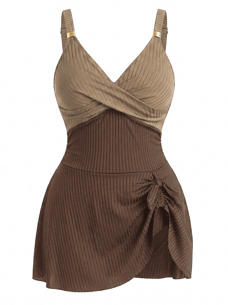 [Grande Taille] Blocs de Couleur Côtelé Maillot de Bain Une Pièce Années 1930 8
