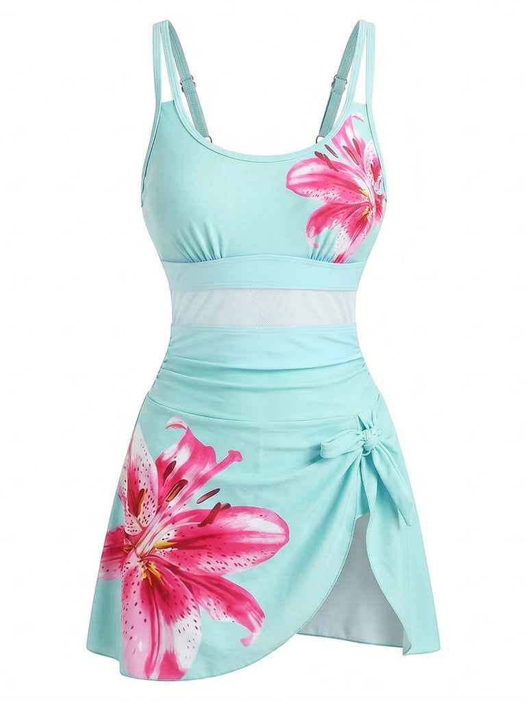 Maillot de bain maille bretelles col rond fleuri 1940s