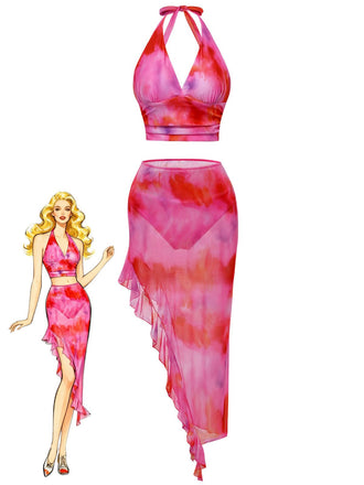 Rose Dégradé Halter Ensemble Tankini & Asymétrique Cache-Maillot Années 1950