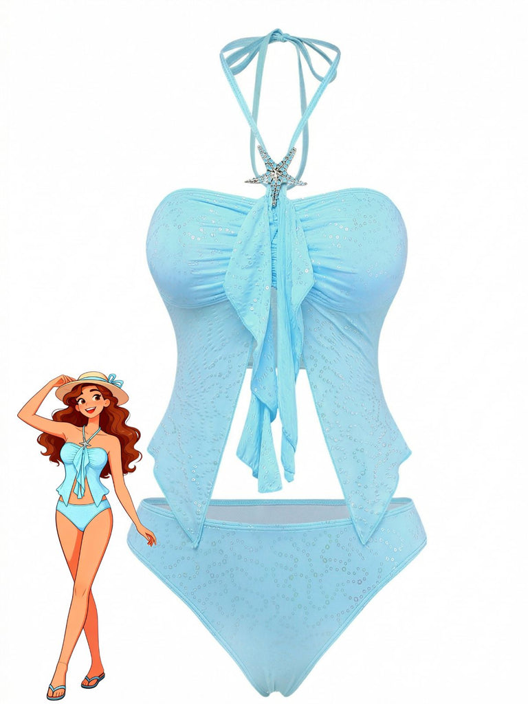 Bleu Ciel Halter Volant Nœud Pailleté Ensemble Tankini Années 1950