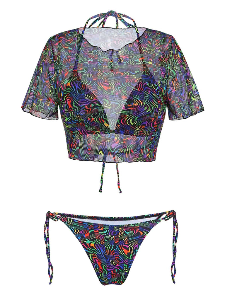 Maillot de Bain 2PCS Noir Camo & en Filet Crop Années 1960