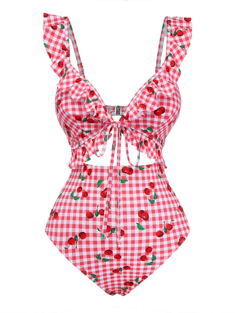 Rouge à Carreaux Cerise à Volants Décolleté Cœur Maillot de Bain Une Pièce Années 1950 2