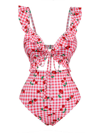Rouge à Carreaux Cerise à Volants Décolleté Cœur Maillot de Bain Une Pièce Années 1950 2