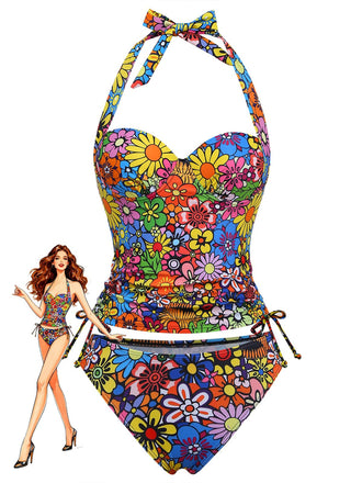 Marguerite Halter Coloré Ensemble Tankini Années 2000