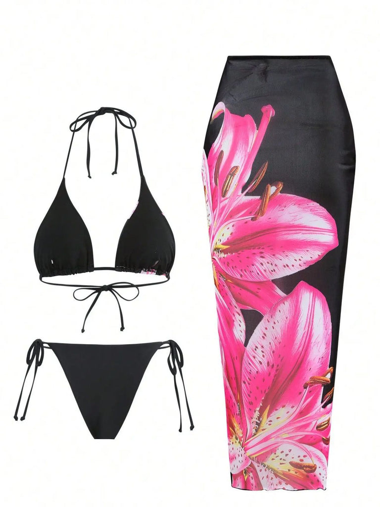 3PCS Filet Lily Imprimé Ensemble Bikini & Cache-Maillot Années 1950 2