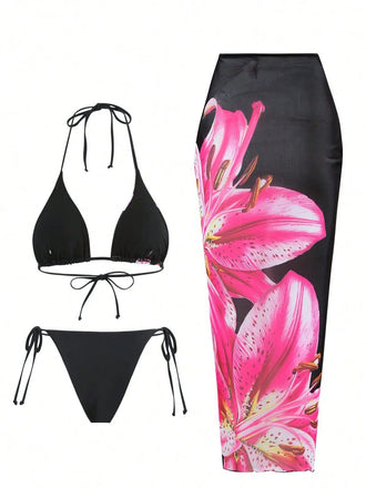 3PCS Filet Lily Imprimé Ensemble Bikini & Cache-Maillot Années 1950 2