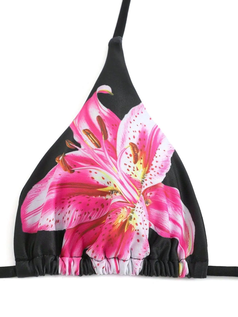 3PCS Filet Lily Imprimé Ensemble Bikini & Cache-Maillot Années 1950 3