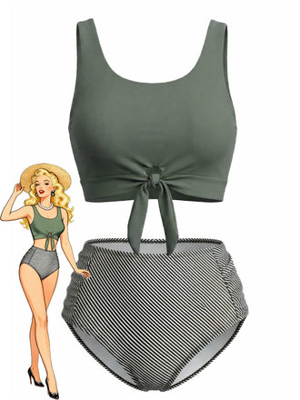 Ensemble Tankini Vert Olive Taille Haute Années 1940