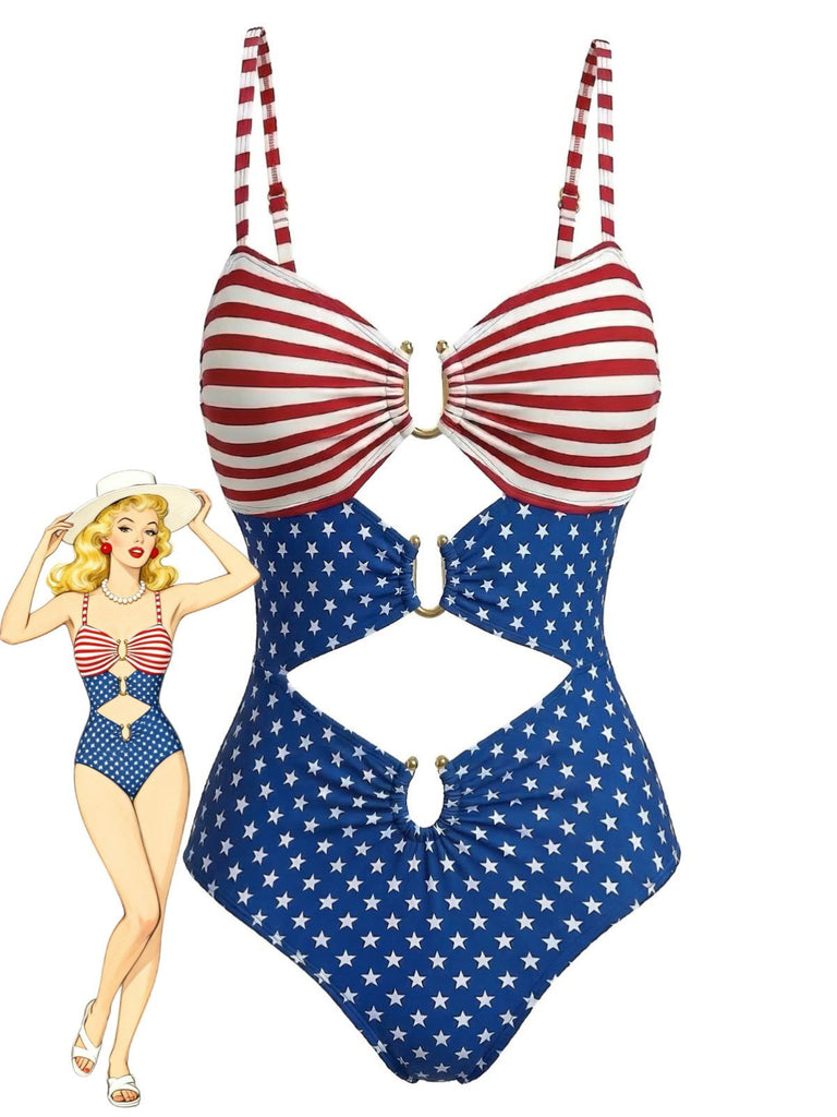 Maillot de Bain Une Pièce à Étoiles et Rayures à Découpes Années '40