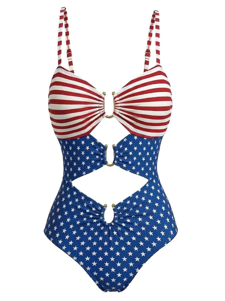 Maillot de Bain Une Pièce à Étoiles et Rayures à Découpes Années '40 2