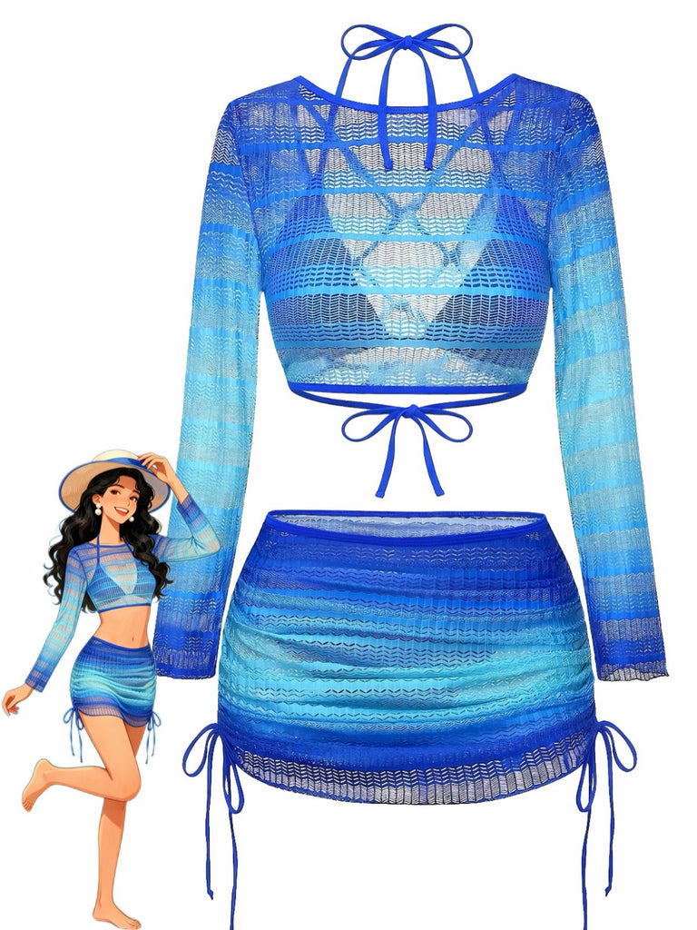 Ensemble Bikini Crochet Manches Longues Dégradé et Paréo années 60