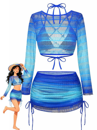 Ensemble Bikini Crochet Manches Longues Dégradé et Paréo années 60