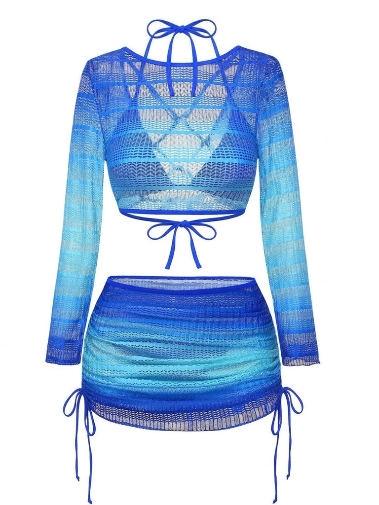 Ensemble Bikini Crochet Manches Longues Dégradé et Paréo années 60 2