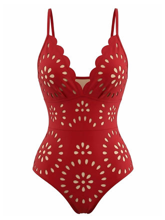 Rouge Uni Dévoré Petal Collar Maillot de Bain Années 1950 2