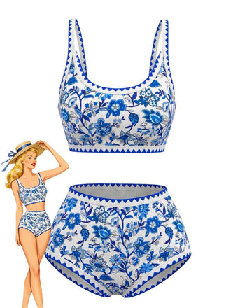 Ensemble Bikini Col Rond Floral Taille Haute Années 1950