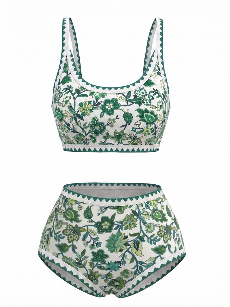 Ensemble Bikini Col Rond Floral Taille Haute Années 1950