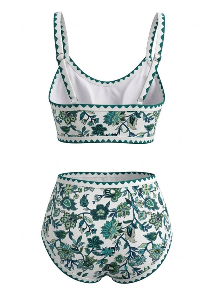 Ensemble Bikini Rose Col Rond Floral Taille Haute Années 1950