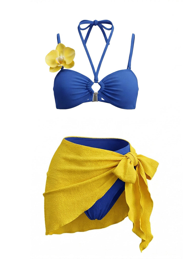 Ensemble Bikini Bleu Orchidée & Paréo Jaune Années 1980