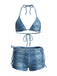 3 Pièces Bleu Clair Denim Plongeant Shorty Ensemble Bikini & Short Années 1980