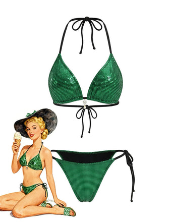Set Bikini Triangle Vert Vif Halter à Paillettes Années '80