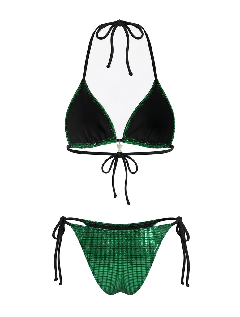 Set Bikini Triangle Vert Vif Halter à Paillettes Années '80 3