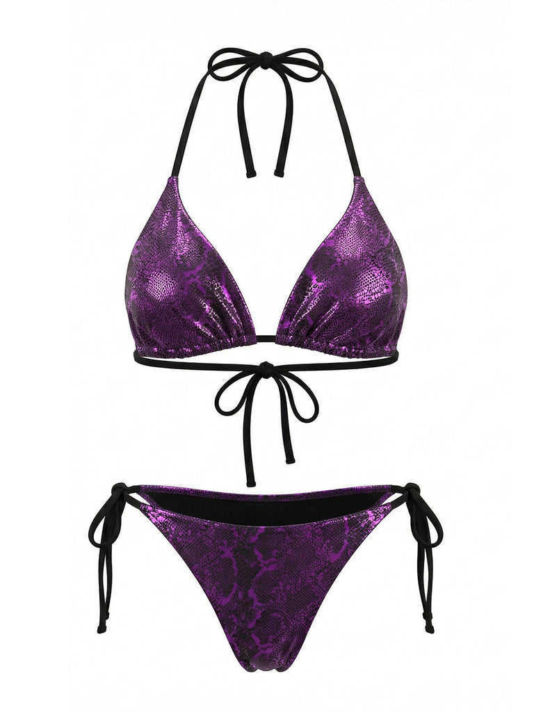 Ensemble Bikini Dos Nu Imprimé Serpent Métallisé Violet années 80 2