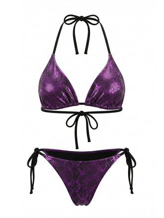 Ensemble Bikini Dos Nu Imprimé Serpent Métallisé Violet années 80 2