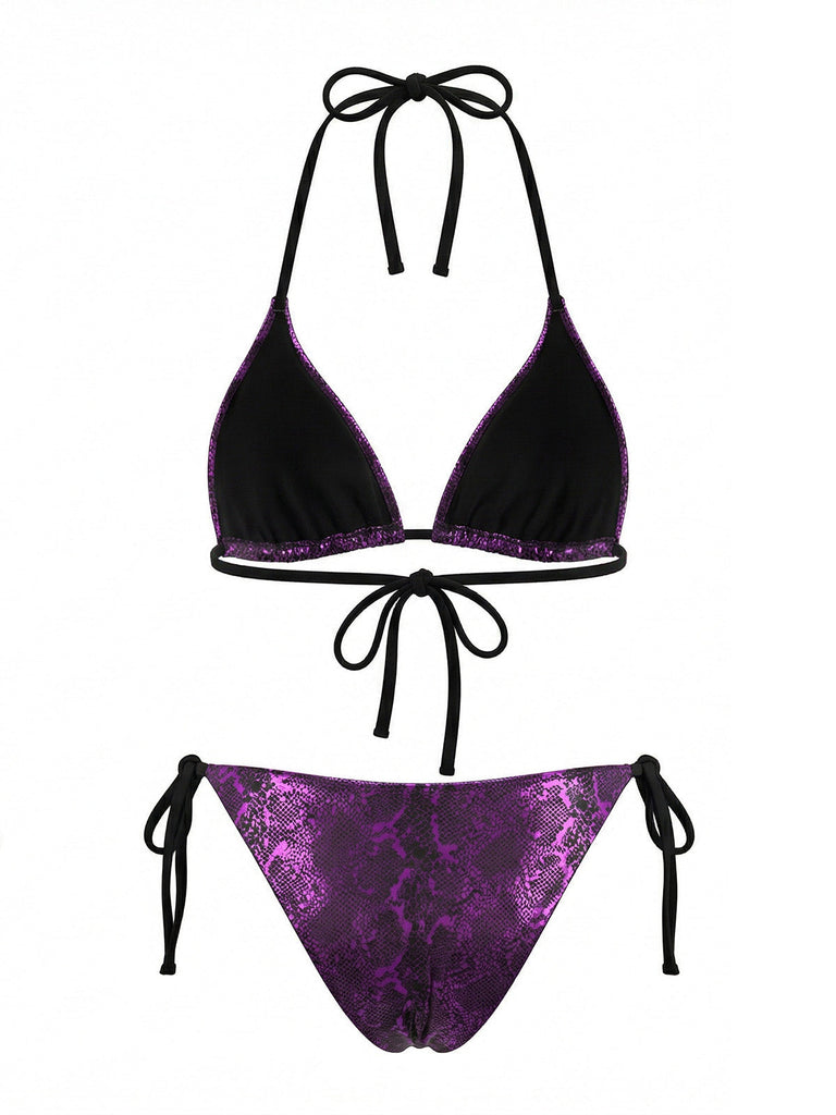 Ensemble Bikini Dos Nu Imprimé Serpent Métallisé Violet années 80 3