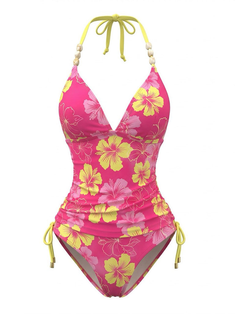 Ensemble Bikini Col Bando Fleuri Bretelles Perlées Années 80