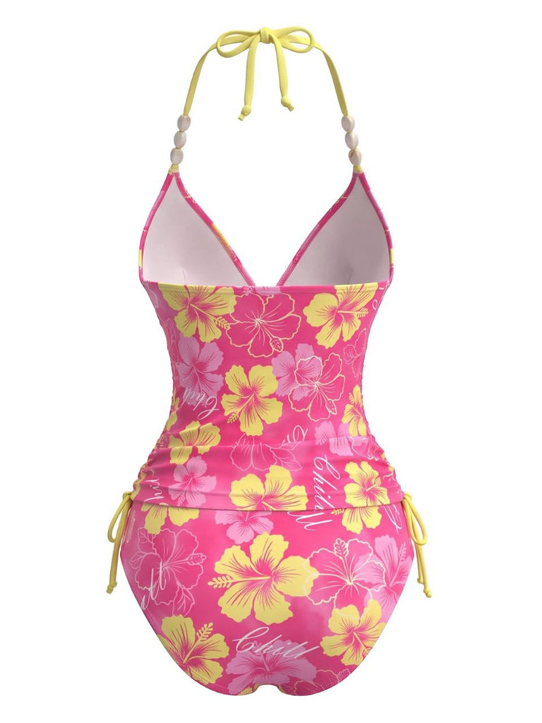 Ensemble Bikini Col Bando Fleuri Bretelles Perlées Années 80