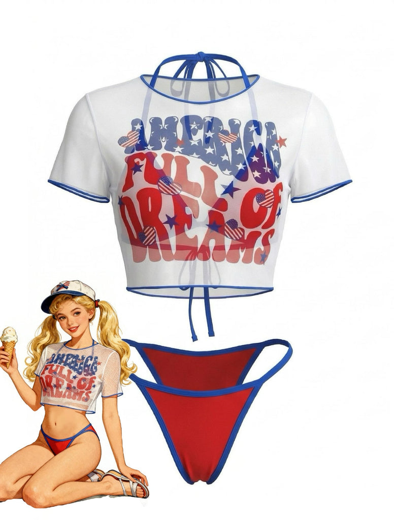 3PCS Set Bikini avec Crop Top en Résille Imprimé Patriotique Années '80