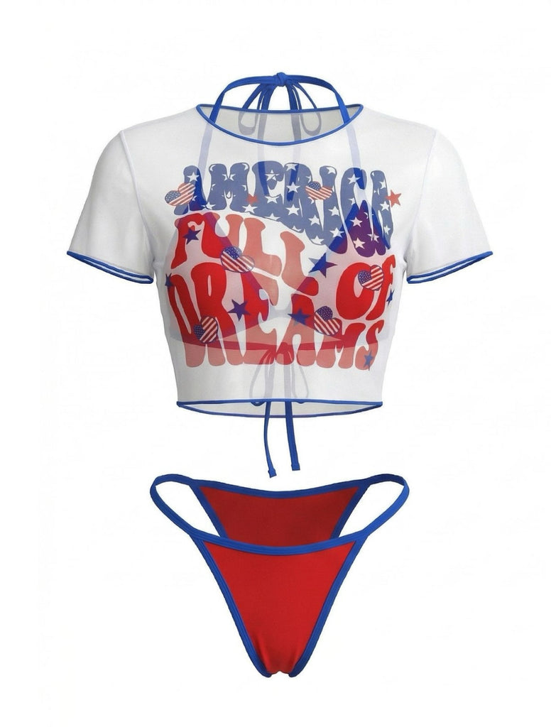 3PCS Set Bikini avec Crop Top en Résille Imprimé Patriotique Années '80 4