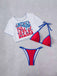 3PCS Set Bikini avec Crop Top en Résille Imprimé Patriotique Années '80 6