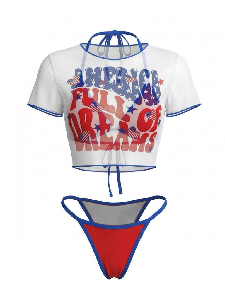 3PCS Ensemble Bikini et Cache Maillot Imprimé Patriotique Années 80