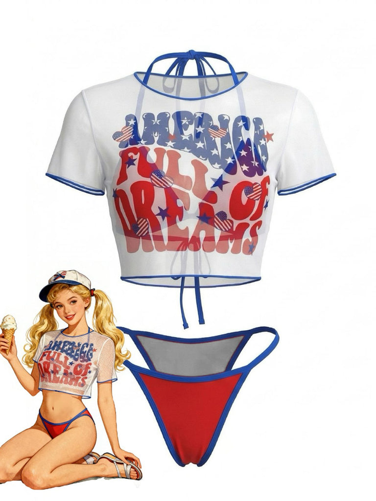 3PCS Ensemble Bikini et Cache Maillot Imprimé Patriotique Années 80